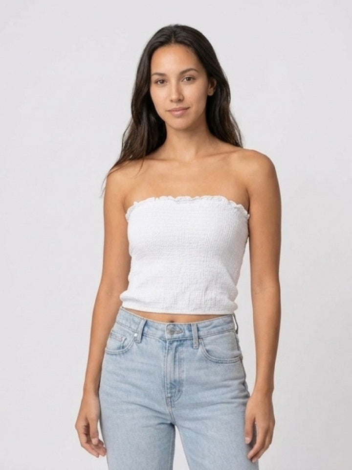 Hailys Damen Bandeau Top weiß Schulterfreies Stretch Tube Top Rüschen XS - L