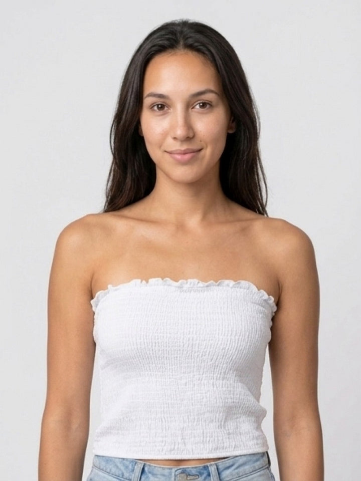 Hailys Damen Bandeau Top weiß Schulterfreies Stretch Tube Top Rüschen XS - L