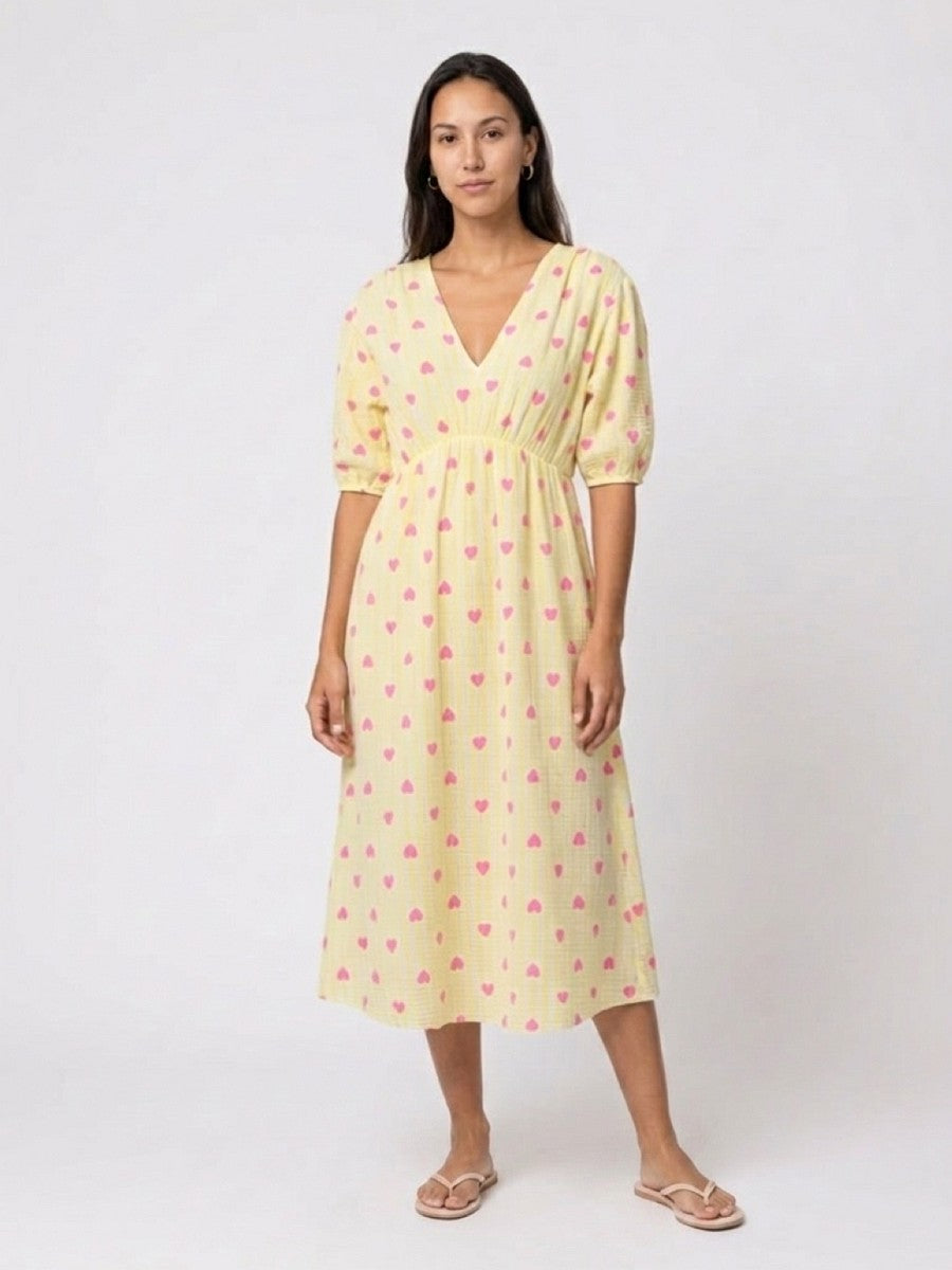 Hailys Damen Musselin Kleid Sommerkleid Gelb Herzen Pink V-Ausschnitt XS - XXL