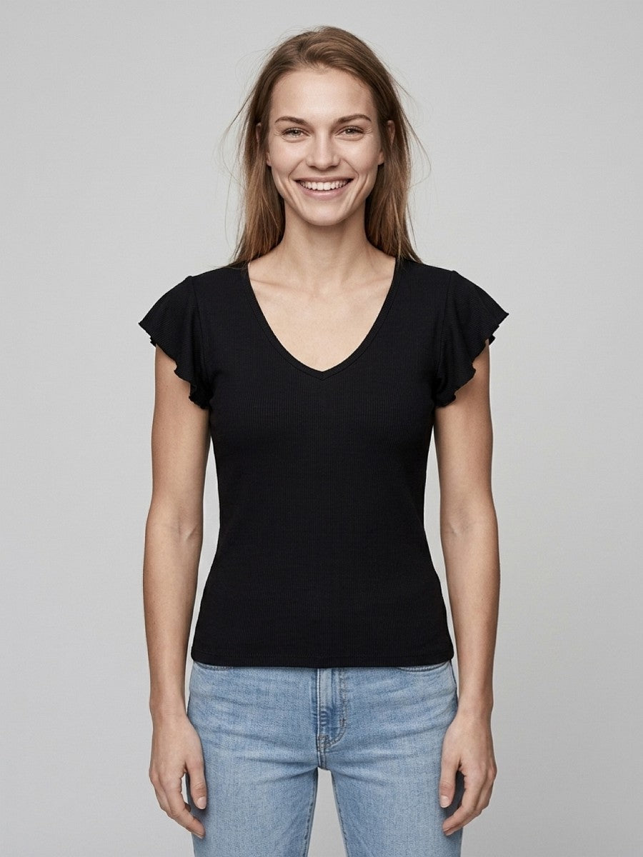 Hailys Damen Ripp-Shirt Volantärmel black schwarz V-Ausschnitt Slim Fit XS–XXL