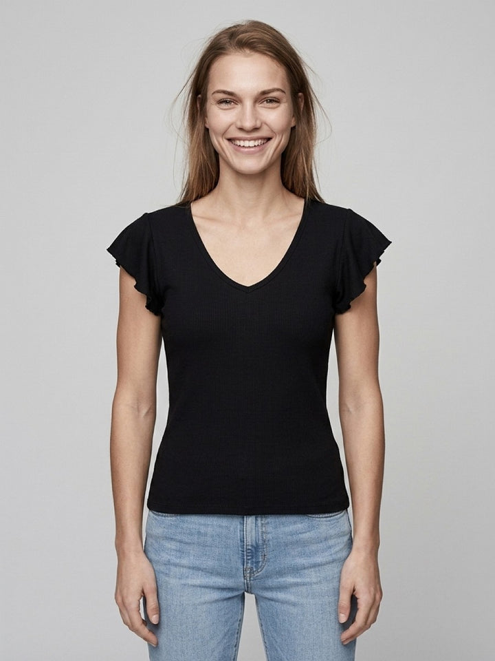 Hailys Damen Ripp-Shirt Volantärmel black schwarz V-Ausschnitt Slim Fit XS–XXL