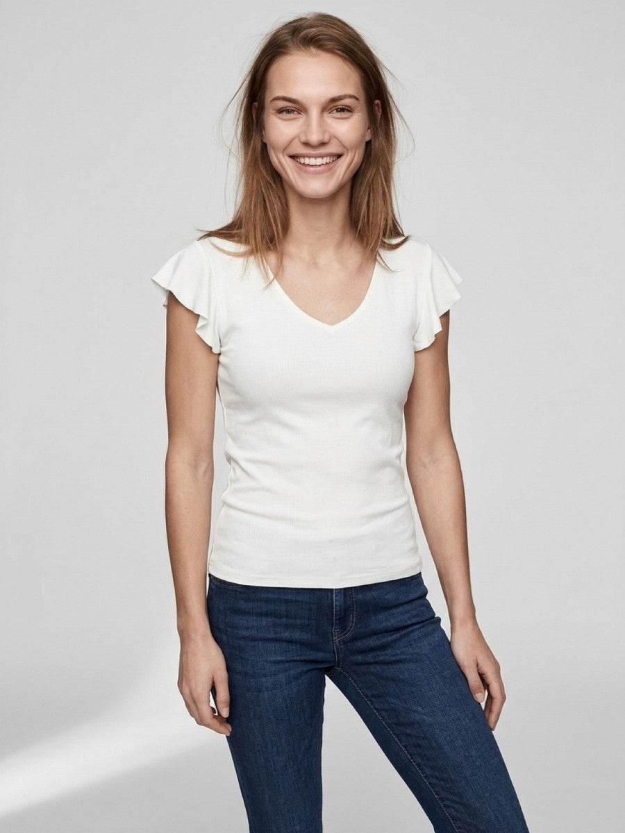 Hailys Damen Ripp-Shirt Volantärmel offwhite weiß V-Ausschnitt Slim Fit XS–XXL