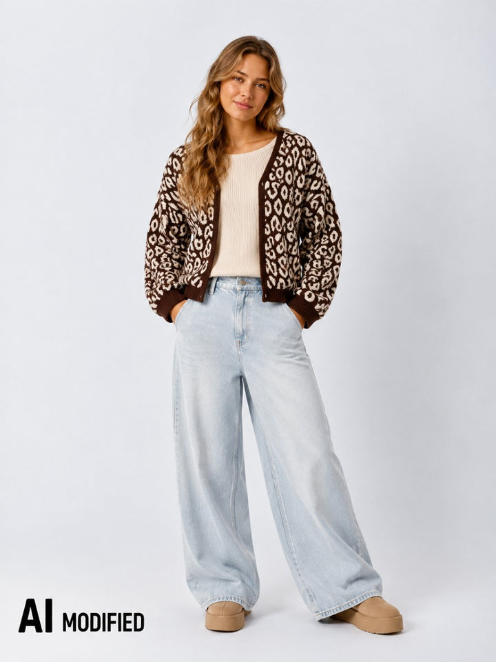 Hailys Damen Strickjacke Leo Animal Print braun beige Cardigan Oversize XS -XL