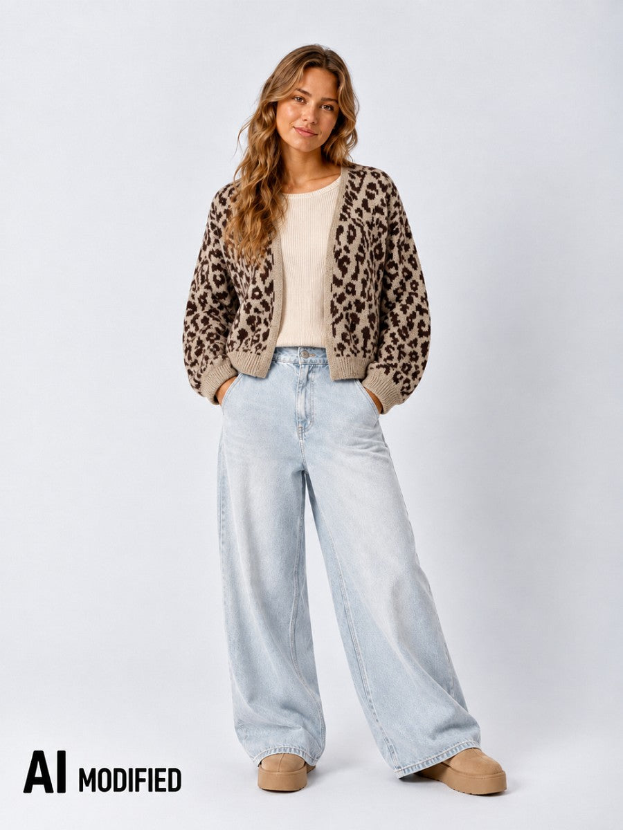 Hailys Damen Strickjacke Leo Animal Print braun hellbraun Cardigan Oversize XS -XL