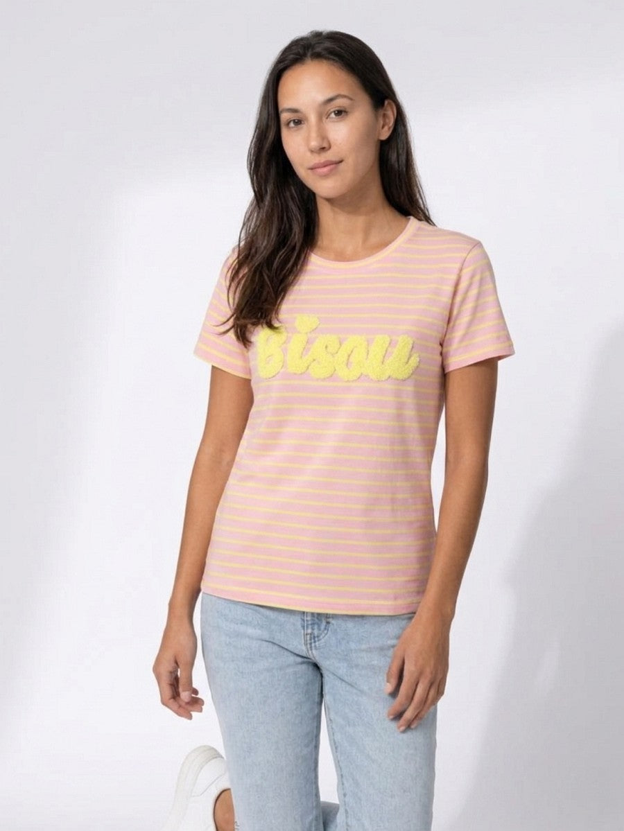 Hailys Damen T-Shirt gestreift Rosa Gelb Bisou Kurzarm Rundhals Baumwolle XS-L