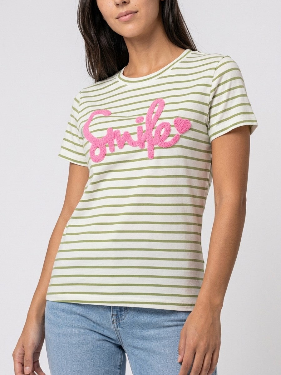 Hailys Damen T-Shirt gestreift Weiß Grün Smile Kurzarm Rundhals Baumwolle XS-L