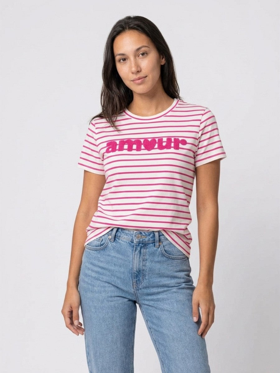 Hailys Damen T-Shirt gestreift Weiß Pink Amour Kurzarm Rundhals Baumwolle XS-L
