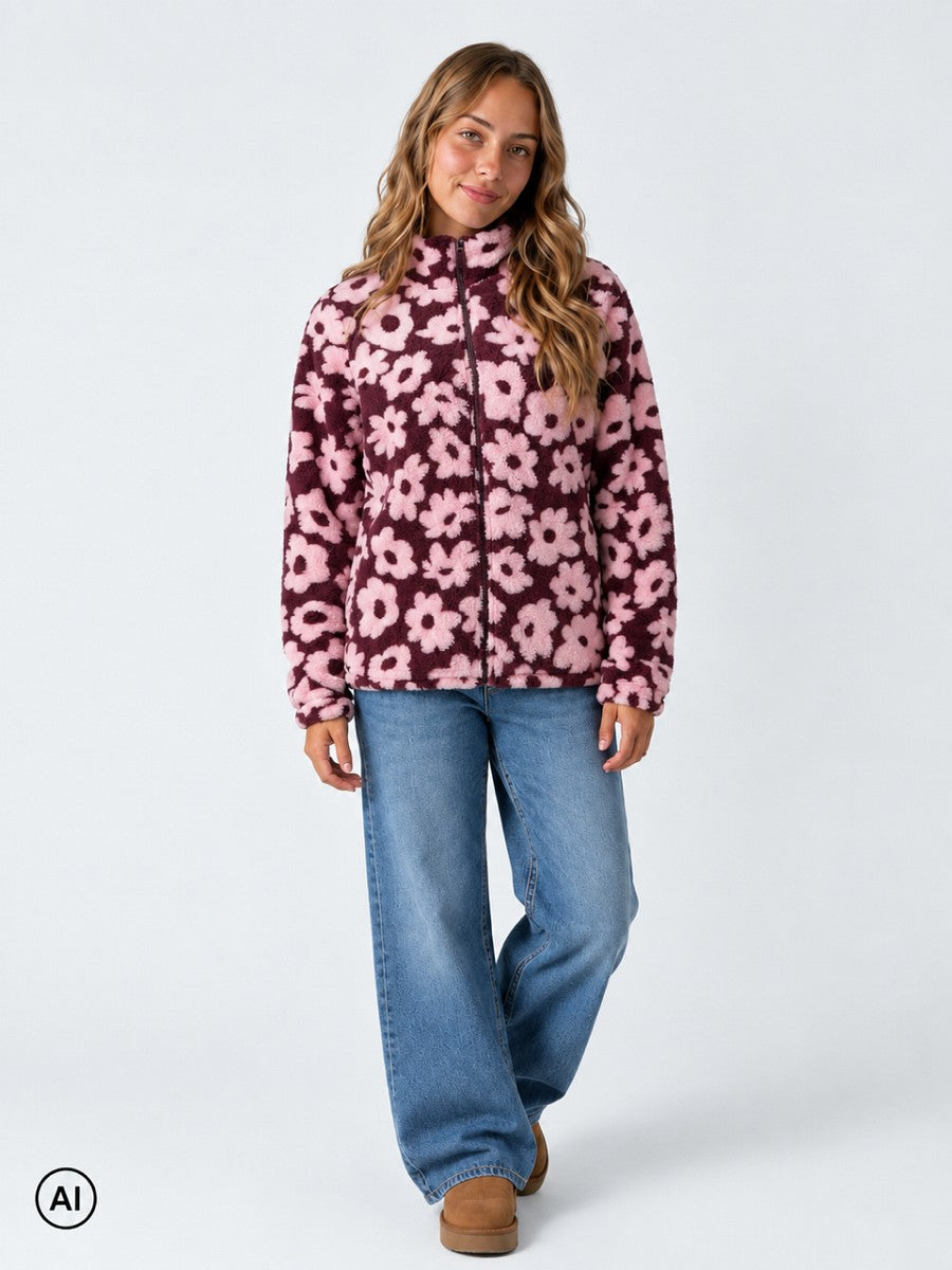 Hailys Teddy Fleece Jacke Damen Blumen lila rosa Stehkragen Zipper XS–2XL