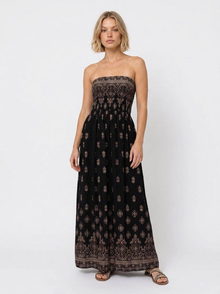 Hailys Damen Boho Maxikleid Sommer Bandeau gesmoktes Kleid schwarz creme XS-XXL