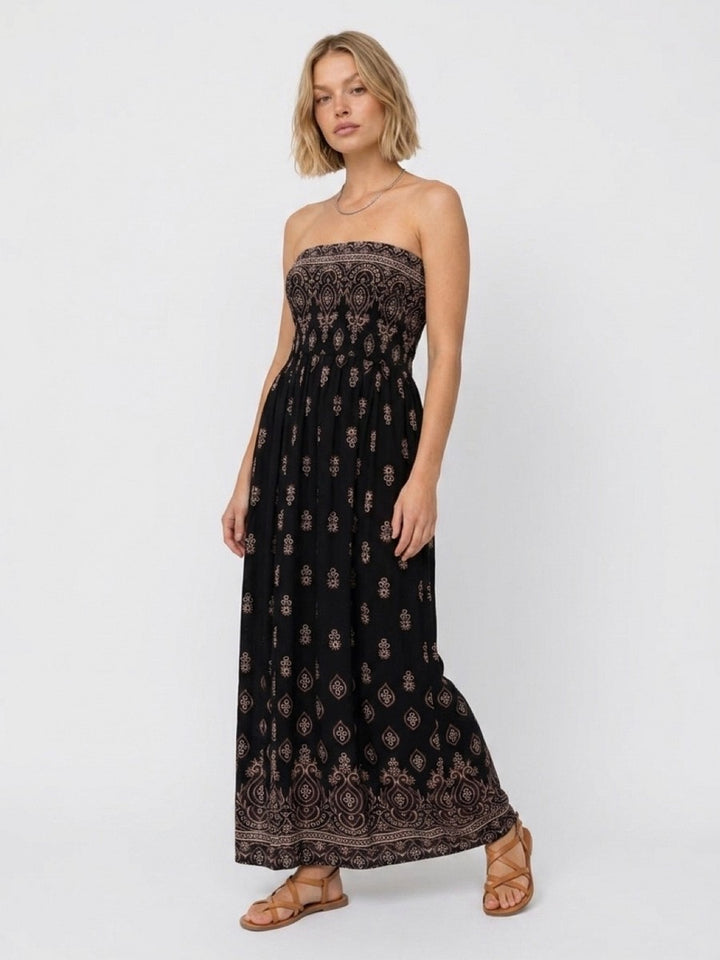 Hailys Damen Boho Maxikleid Sommer Bandeau gesmoktes Kleid schwarz creme XS-XXL