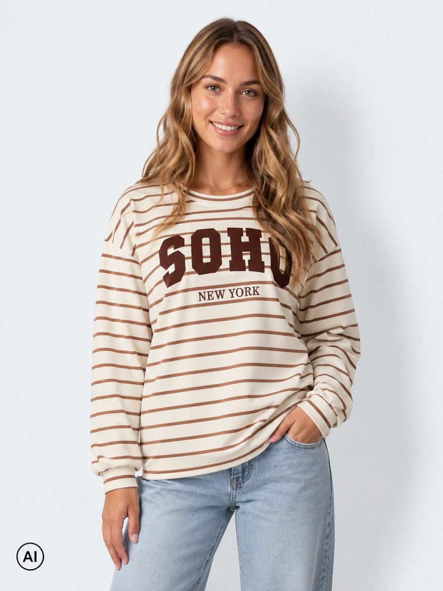 Hailys Damen Oversize Sweatshirt Streifen Print Soho Creme Dunkelbraun XS - XXL