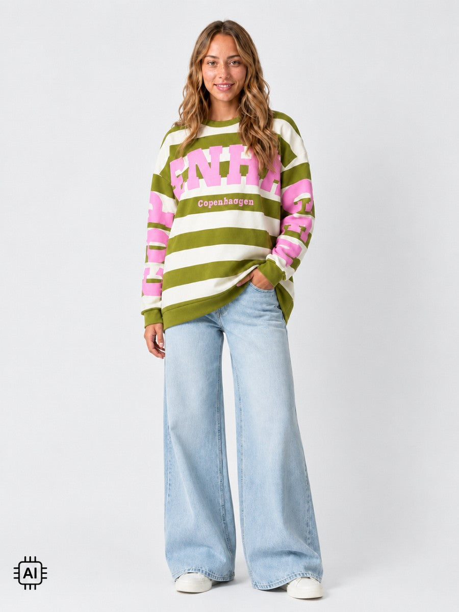 Hailys Damen Oversize Sweatshirt Streifen Print Copenhagen Grün Rosa XS-XXL