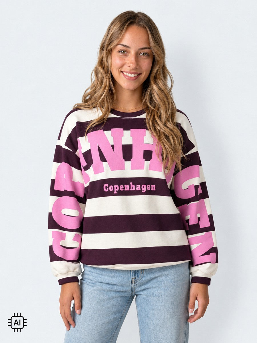Hailys Damen Oversize Sweatshirt Streifen Print Copenhagen Lila Rosa XS-XXL