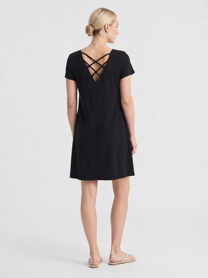 Hailys Damen Kleid Schwarz Sommer Kurzarm A-Linie Rücken Criss Cross XS-XXL