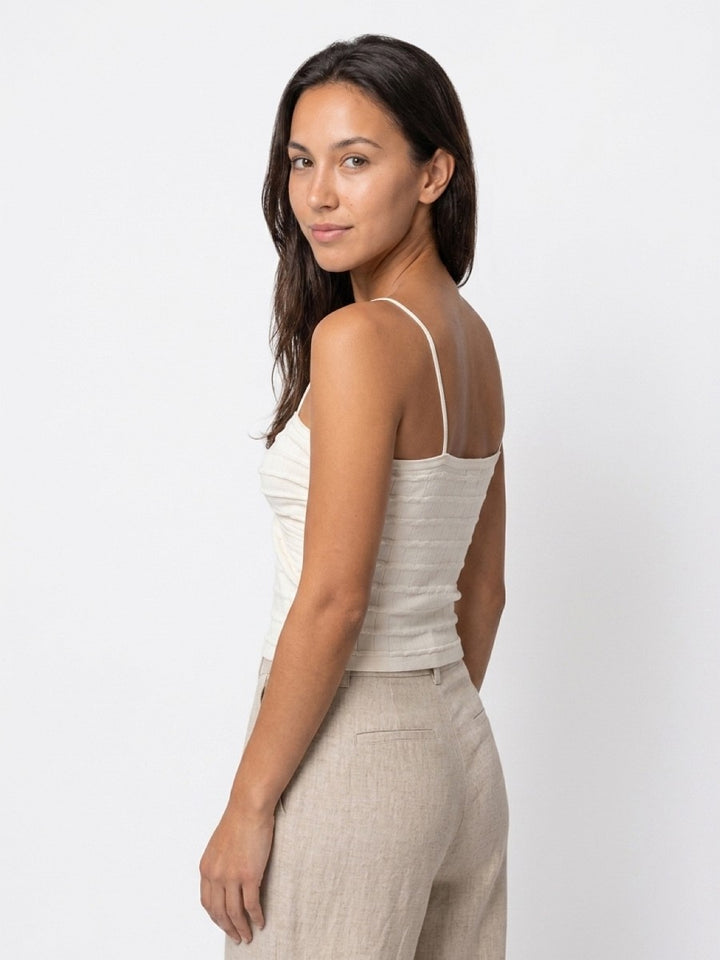 Hailys Damen Crop Top Creme Weiß Spaghettiträger gerafft Stricktop XS - XXL