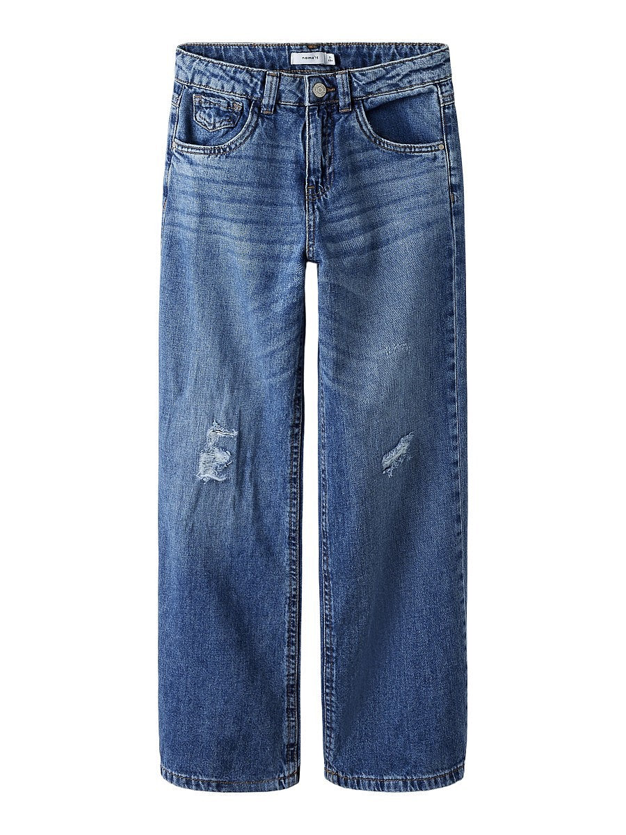 Name It Mädchen Jeans Hose Wide Fit Dark Blue Denim verstellbar Used 122-134