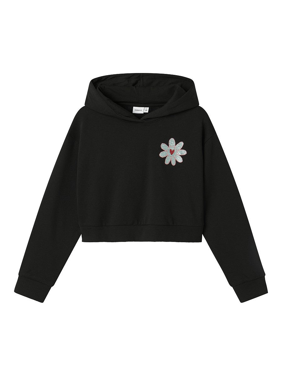 Name It Mädchen Hoodie Cropped Pullover Blume Glitzer Sweatshirt Schwarz 116-128