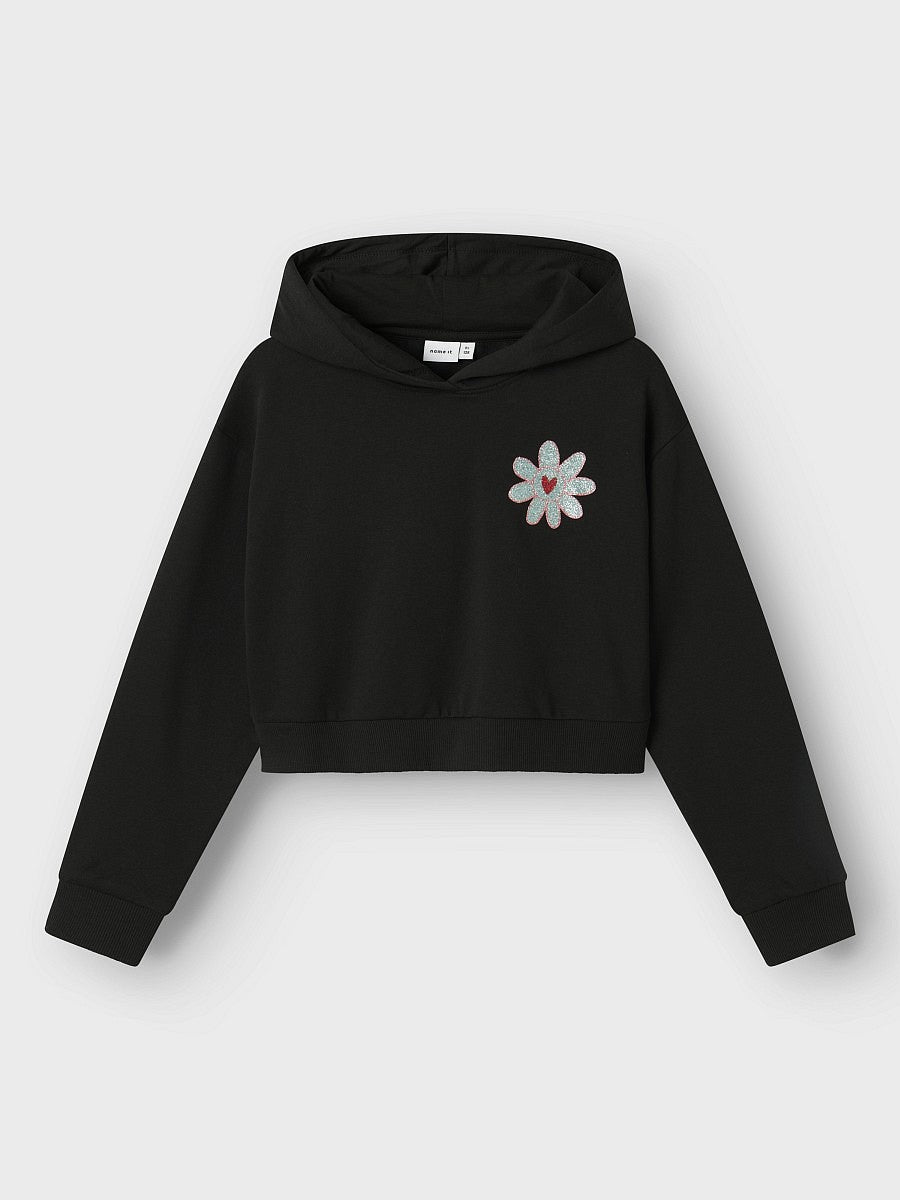 Name It Mädchen Hoodie Cropped Pullover Blume Glitzer Sweatshirt Schwarz 116-128