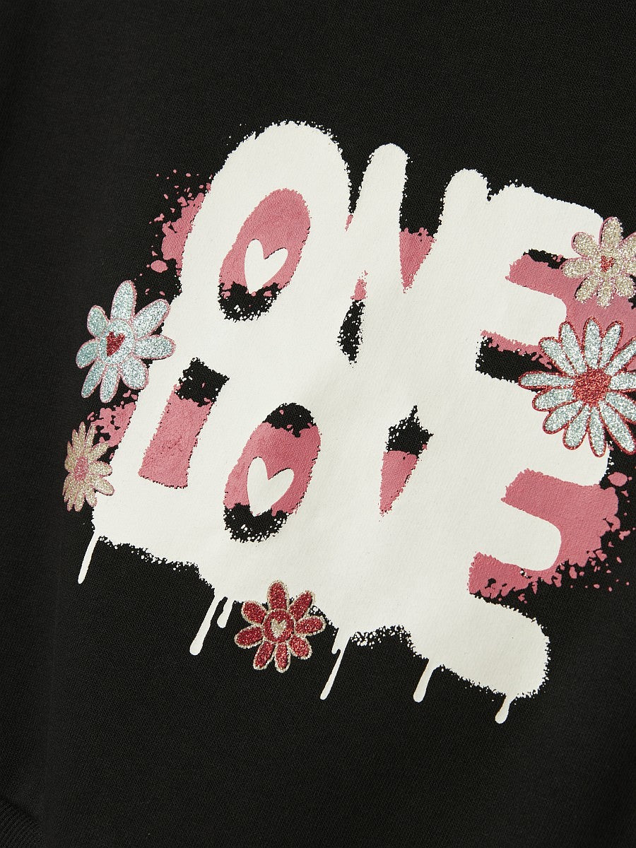 Name It Mädchen Hoodie Cropped Pullover Blume Glitzer Sweatshirt Schwarz 116-128