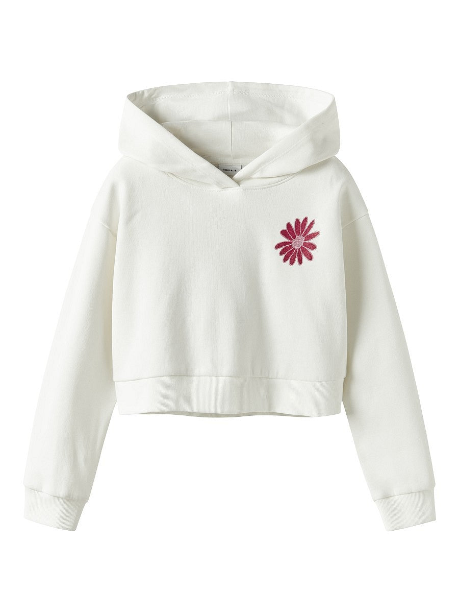 Name It Mädchen Hoodie Cropped Pullover Blume Glitzer Sweatshirt Weiß 116-128