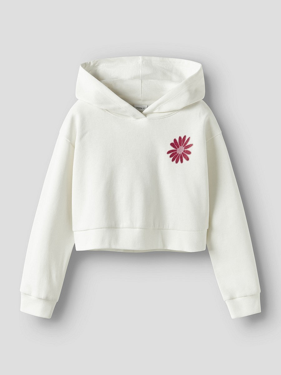 Name It Mädchen Hoodie Cropped Pullover Blume Glitzer Sweatshirt Weiß 116-128