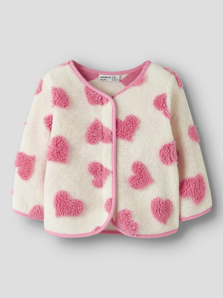 Name it Fleecejacke Mädchen Jacke Creme Pink rosa Herzen Druckknöpfe 92 - 116