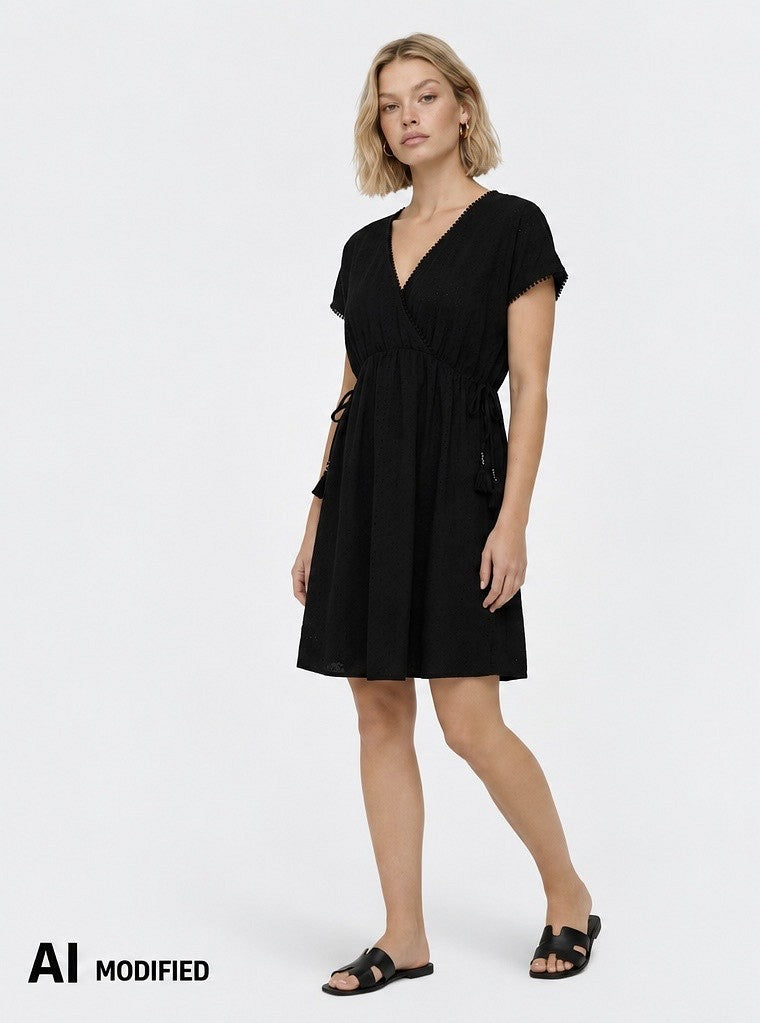 Hailys Damen Kleid Schwarz Lochstickerei Wickeloptik V-Ausschnitt Tunika XS-XXL