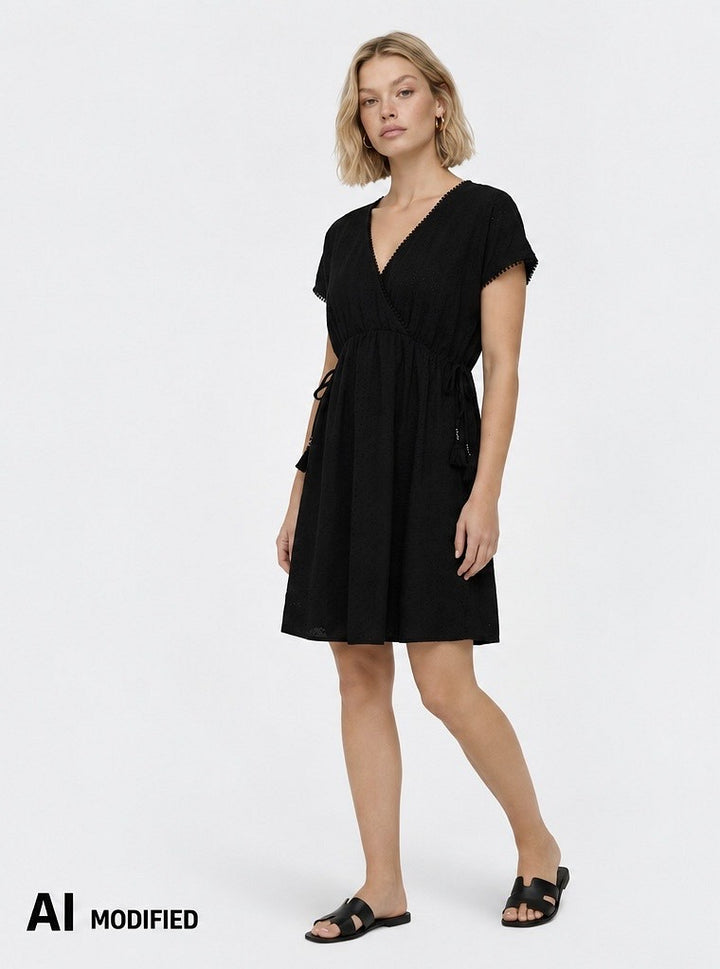 Hailys Damen Kleid Schwarz Lochstickerei Wickeloptik V-Ausschnitt Tunika XS-XXL