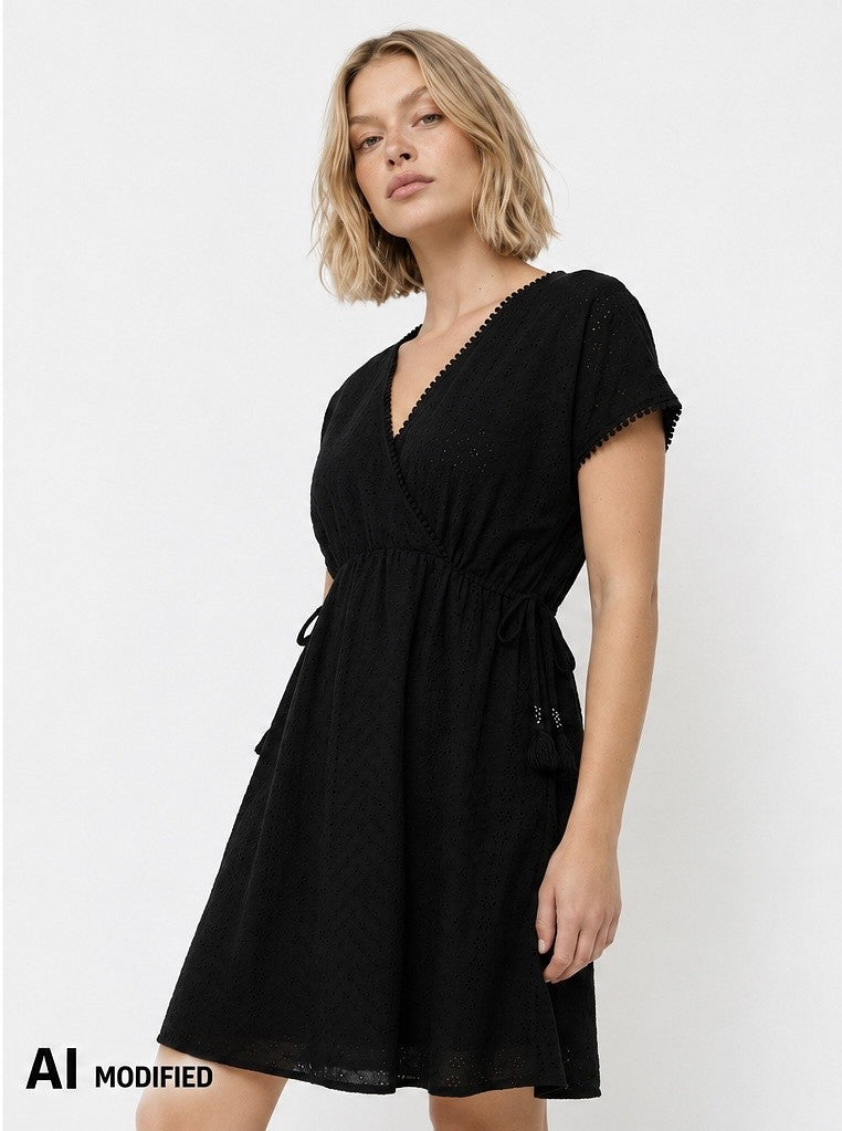 Hailys Damen Kleid Schwarz Lochstickerei Wickeloptik V-Ausschnitt Tunika XS-XXL