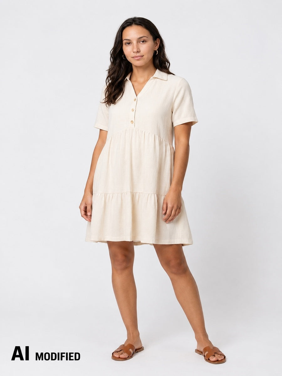 Hailys Damen Kleid Viskose Leinen Tunika Creme V-Ausschnitt  Kragen XS - XXL
