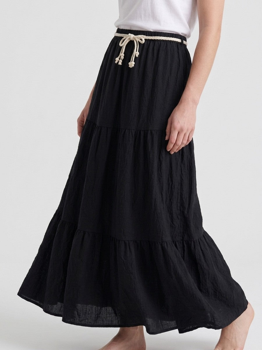 Hailys Damen Maxirock Schwarz mit Gürtel Sommerrock XS-XXL Boho Lang Rock