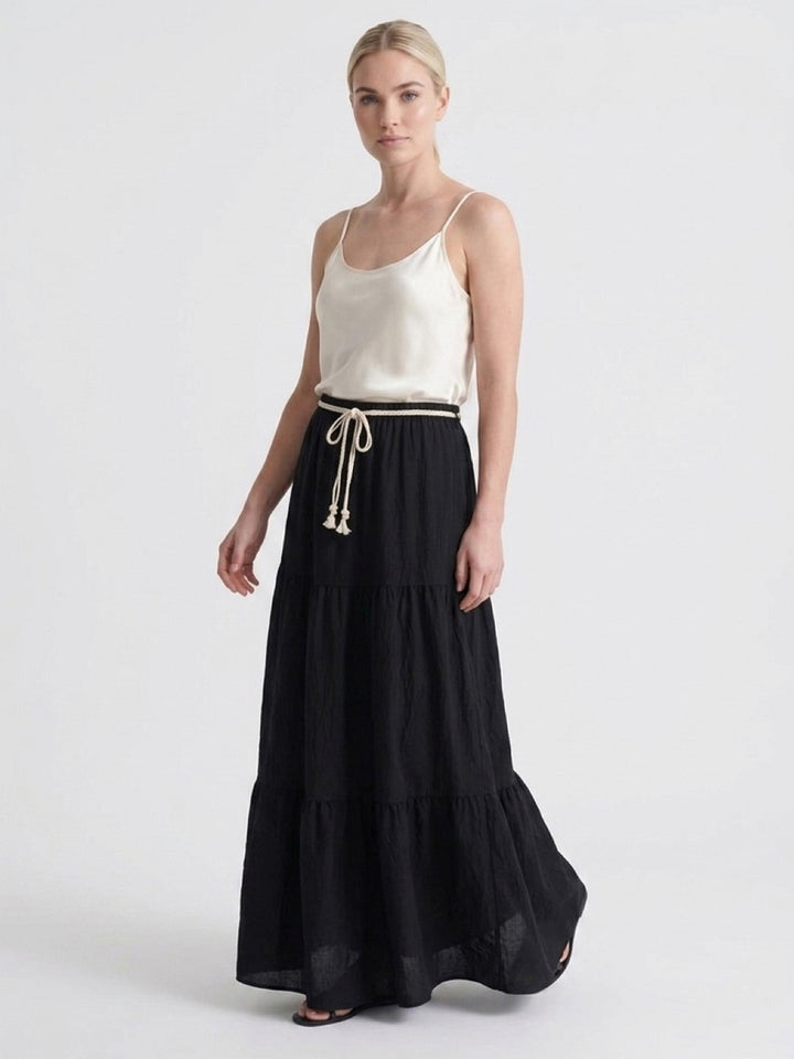 Hailys Damen Maxirock Schwarz mit Gürtel Sommerrock XS-XXL Boho Lang Rock