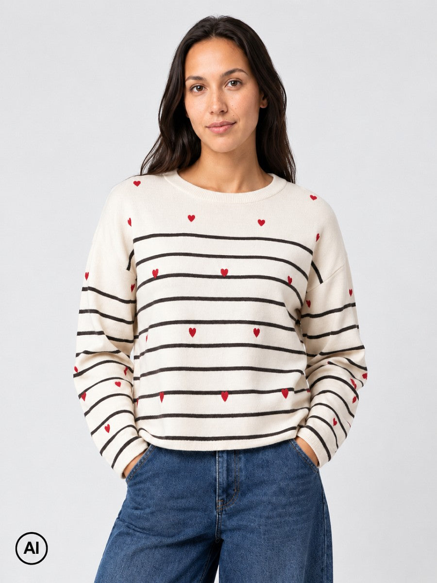Hailys Damen Pullover Feinstrick Herzen gestreift Rundhals Strickpullover XS-XXL