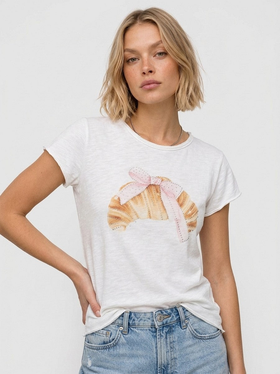 Hailys Damen T-Shirt Croissant Weiß Strass Baumwolle Kurzarm Rundhals XS-XXL
