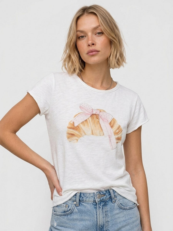 Hailys Damen T-Shirt Croissant Weiß Strass Baumwolle Kurzarm Rundhals XS-XXL