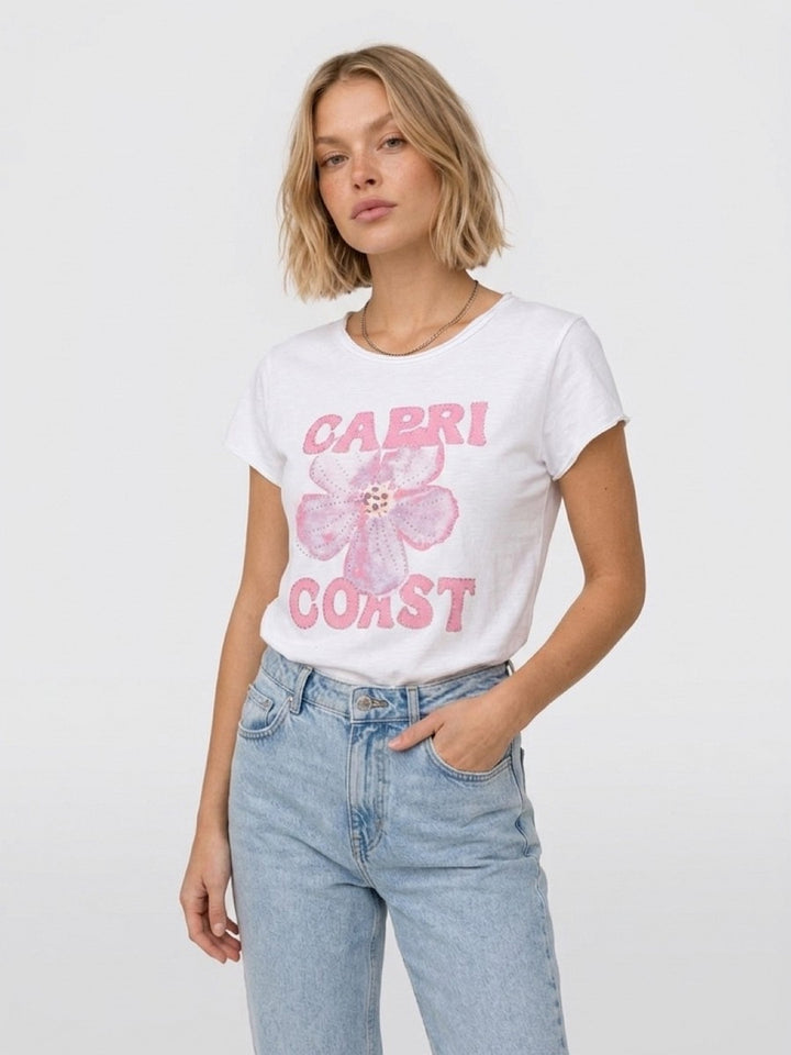 Hailys Damen T-Shirt Capri Coast Weiß Pink Blumen Strass Kurzarm XS-XXL