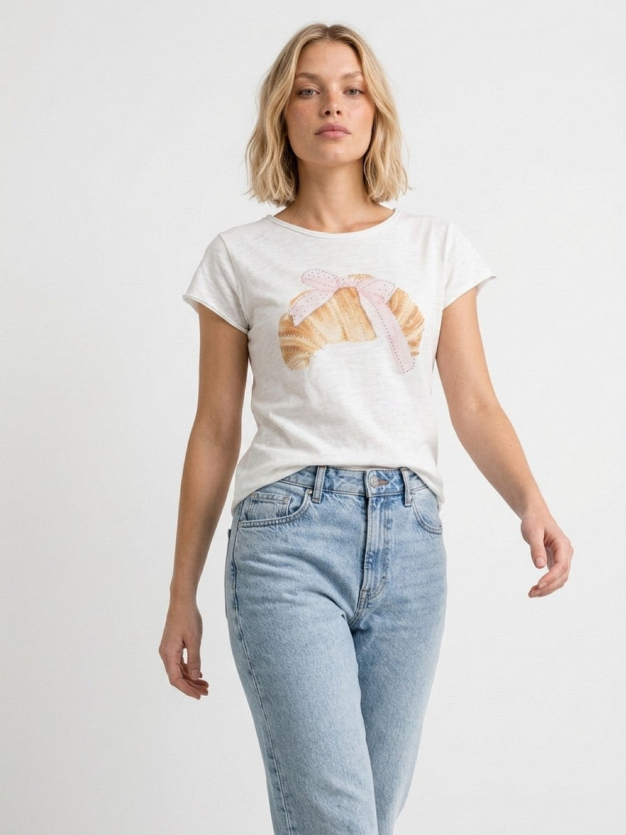 Hailys Damen T-Shirt Croissant Weiß Strass Baumwolle Kurzarm Rundhals XS-XXL