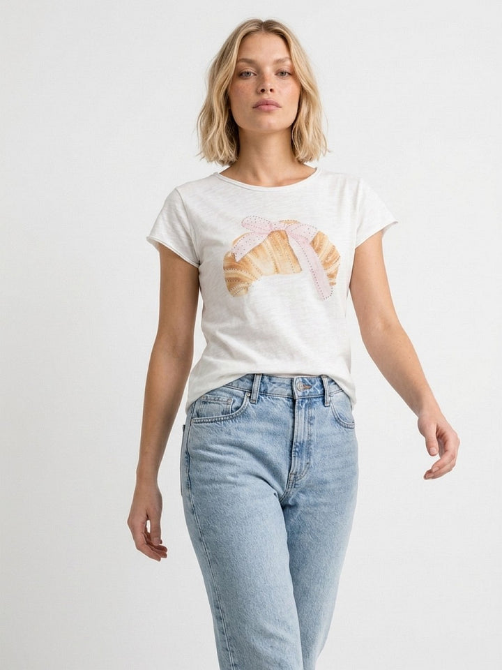 Hailys Damen T-Shirt Croissant Weiß Strass Baumwolle Kurzarm Rundhals XS-XXL