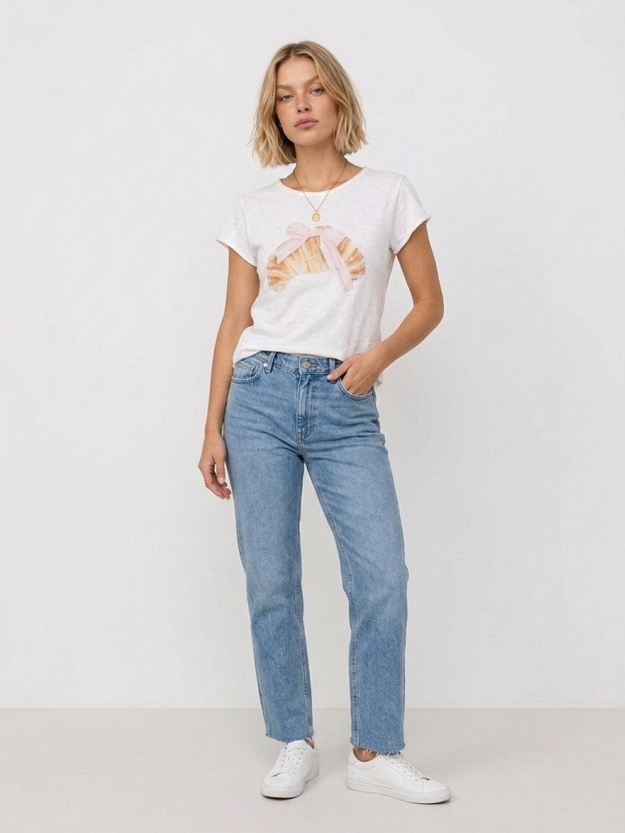 Hailys Damen T-Shirt Croissant Weiß Strass Baumwolle Kurzarm Rundhals XS-XXL