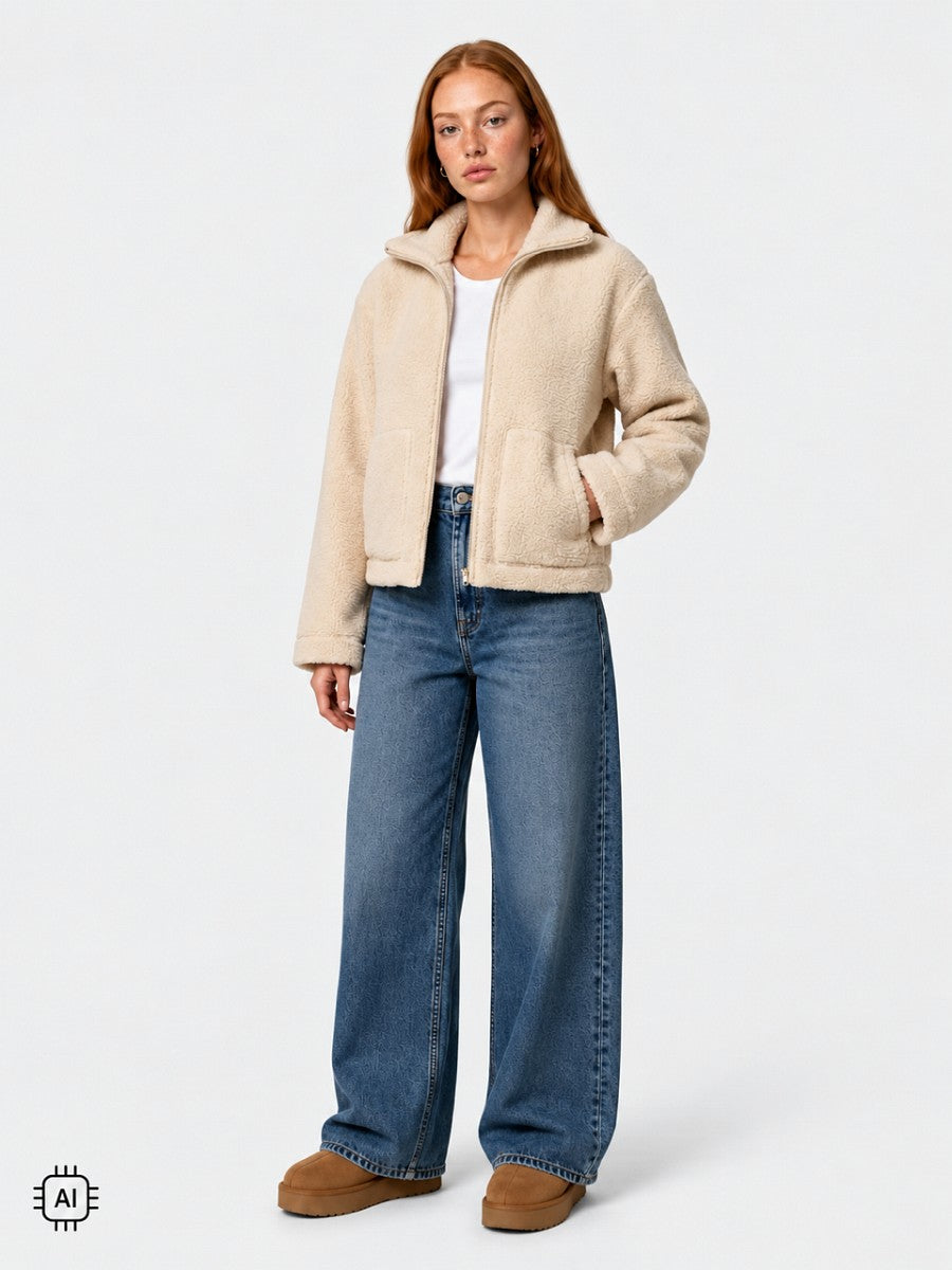Hailys Damen Teddy Fleece Jacke Kuscheljacke Reißverschluss Beige XS - XXL