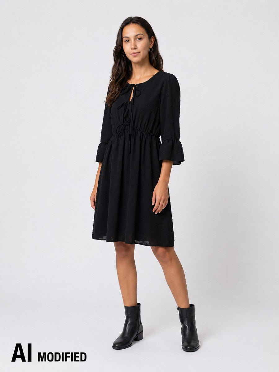 Hailys elegantes schwarzes Damenkleid Bindeschleife Rüschenärmel XS - XXL